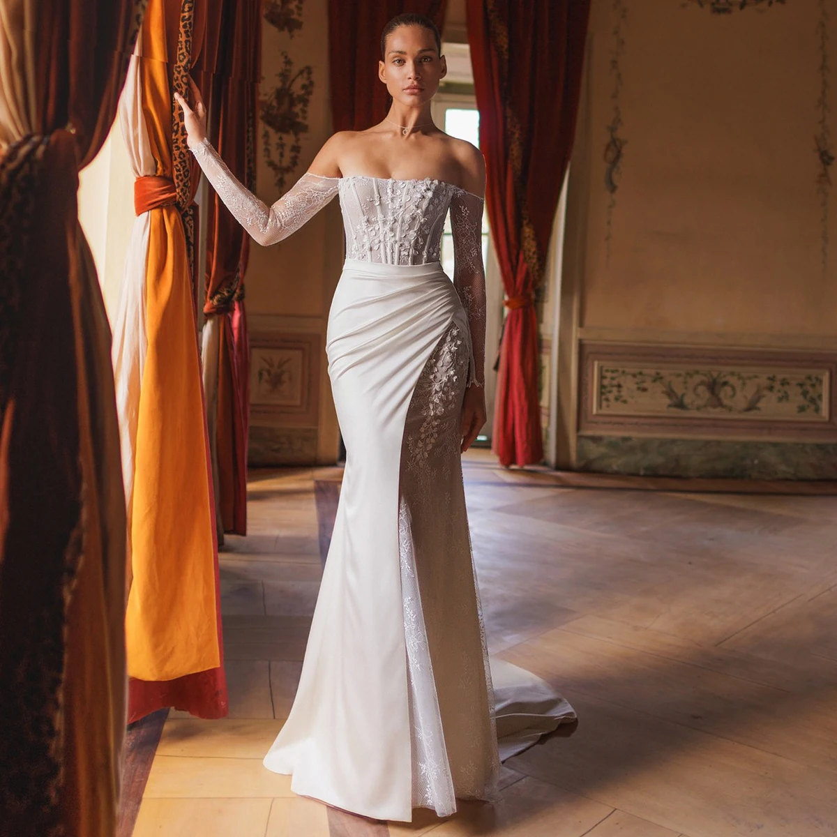 

Classic Mermaid Lace Off Shoulder Wedding Dress For Bride Long Sleeve Appliques Backless Bridal Party Gown Vestidos Novia