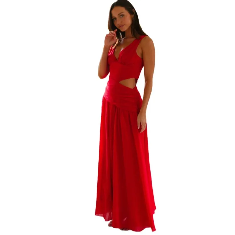 جديد الصيف عادية أكمام مطوي فستان طويل vestidos سيدة الموضة الخامس الرقبة رداء فستان بلون الجوف عارية الذراعين فستان المرأة #5