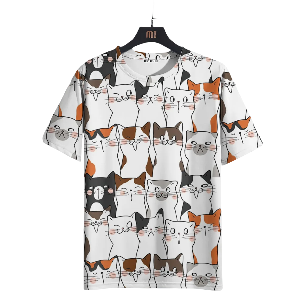 New Cartoon Cat Print Men's T-shirt Summer O-neck Casual Short Sleeve Tee Oversized Fashion Pullover For Male Children's T-shirt