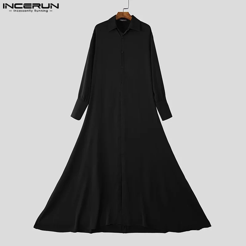 INCERUN Men Long Style Shirt Cardigan Solid Color Lapel Long Sleeve Loose Dress Male Shirts Streetwear 2025 Fashion Men Clothing