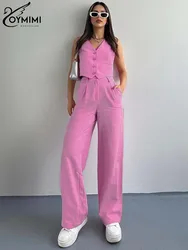 Oymimi Elegant Pink Cotton Two Piece Set For Women Fashion V-Neck Button Tank Tops And High Waist Straight Trousers Female Sets