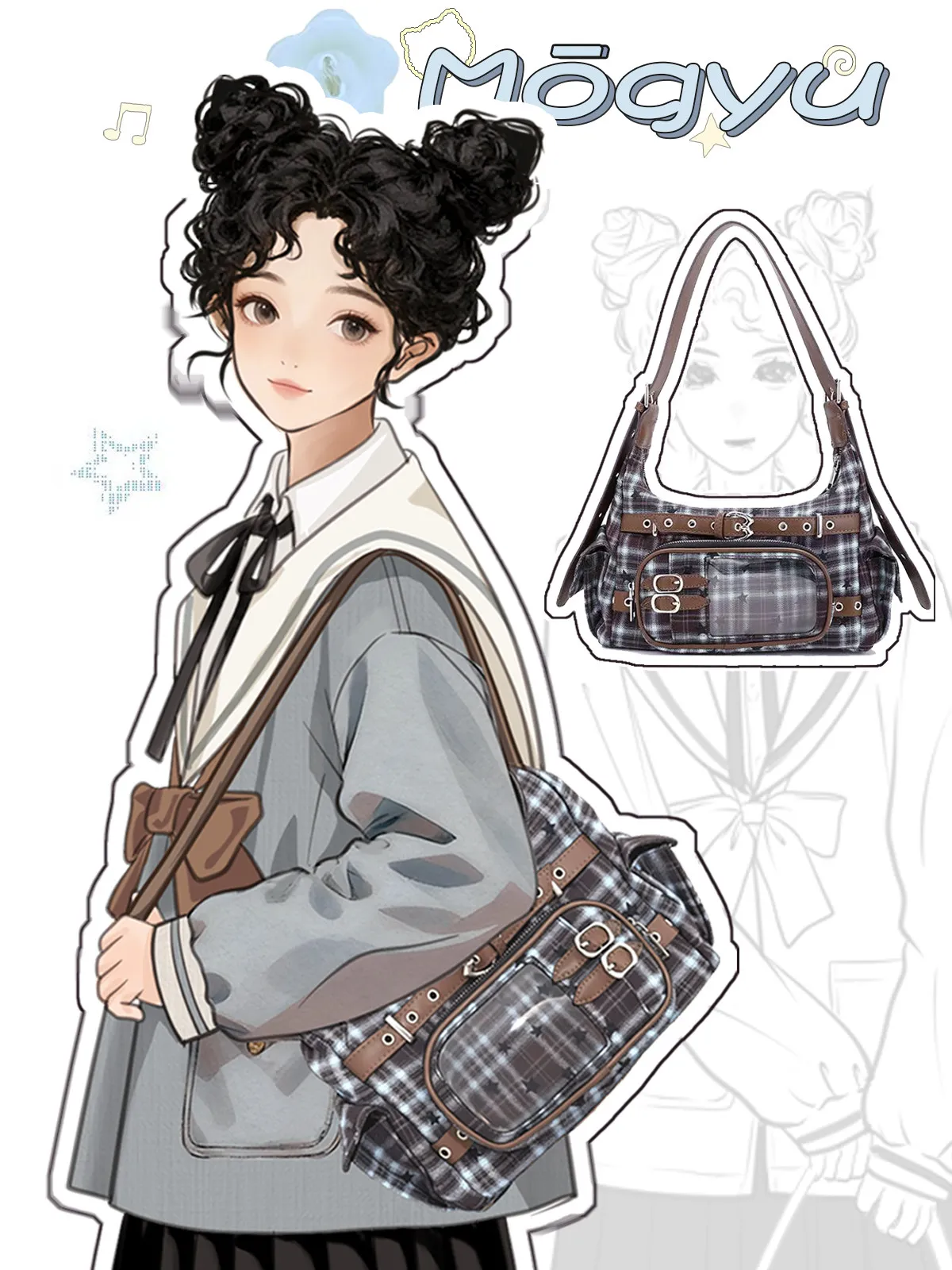 

Y2K Plaid Anime itabag Bag Brown Leather Trim Clear Window Shoulder Bag Punk Star Print Crossbody for Pin Display Xmas Gift