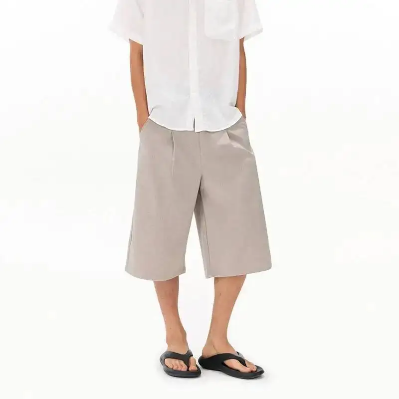 American Retro Style Ice Silk Beige Men's Suit Shorts Loose Wide Leg Casual Wide Leg Cropped Pants Summer Trendy DQ8X