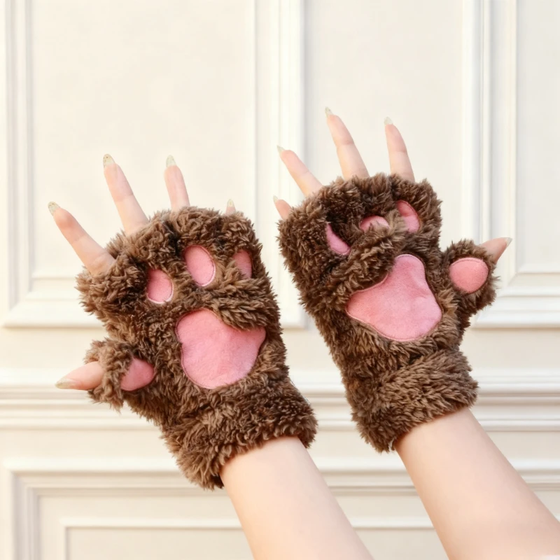 

Cute Cat Paw Gloves Plush Fingerless Mittens Winter Warm Soft Fluffy Bear Claw Half Finger Gloves for Costume Party Gifts