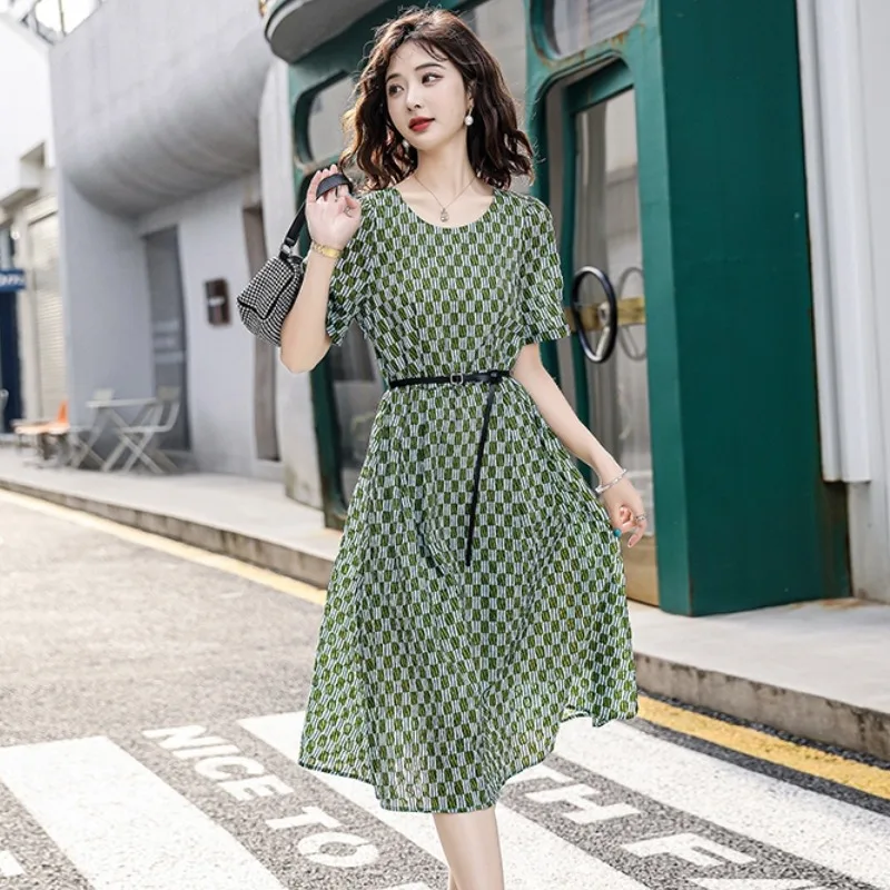 Новое летнее винтажное клетчатое платье в гонконгском стиле с принтом, женское модное тонкое платье миди с круглым вырезом и коротким рукавом, темпераментное повседневное платье
