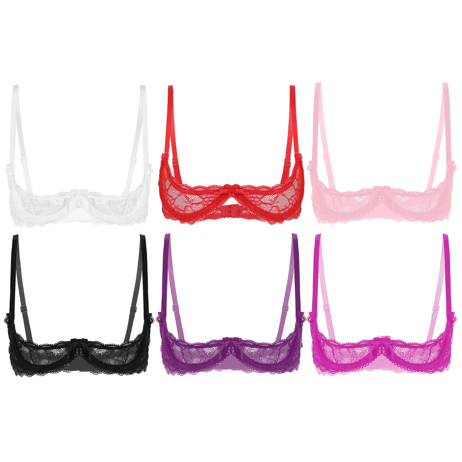 Women See Through Sheer Lace Hollow Out Lingerie Adjustable Spaghetti Shoulder Straps Open Cups Bra Push Up Underwire Bra Tops