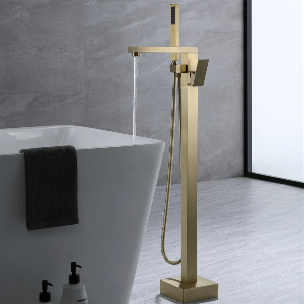 

Original brand newUnique Design Hot and Cold Water Bathtub Tap Floor Standing Brushed Gold Finish Brass Bath Tub Faucet