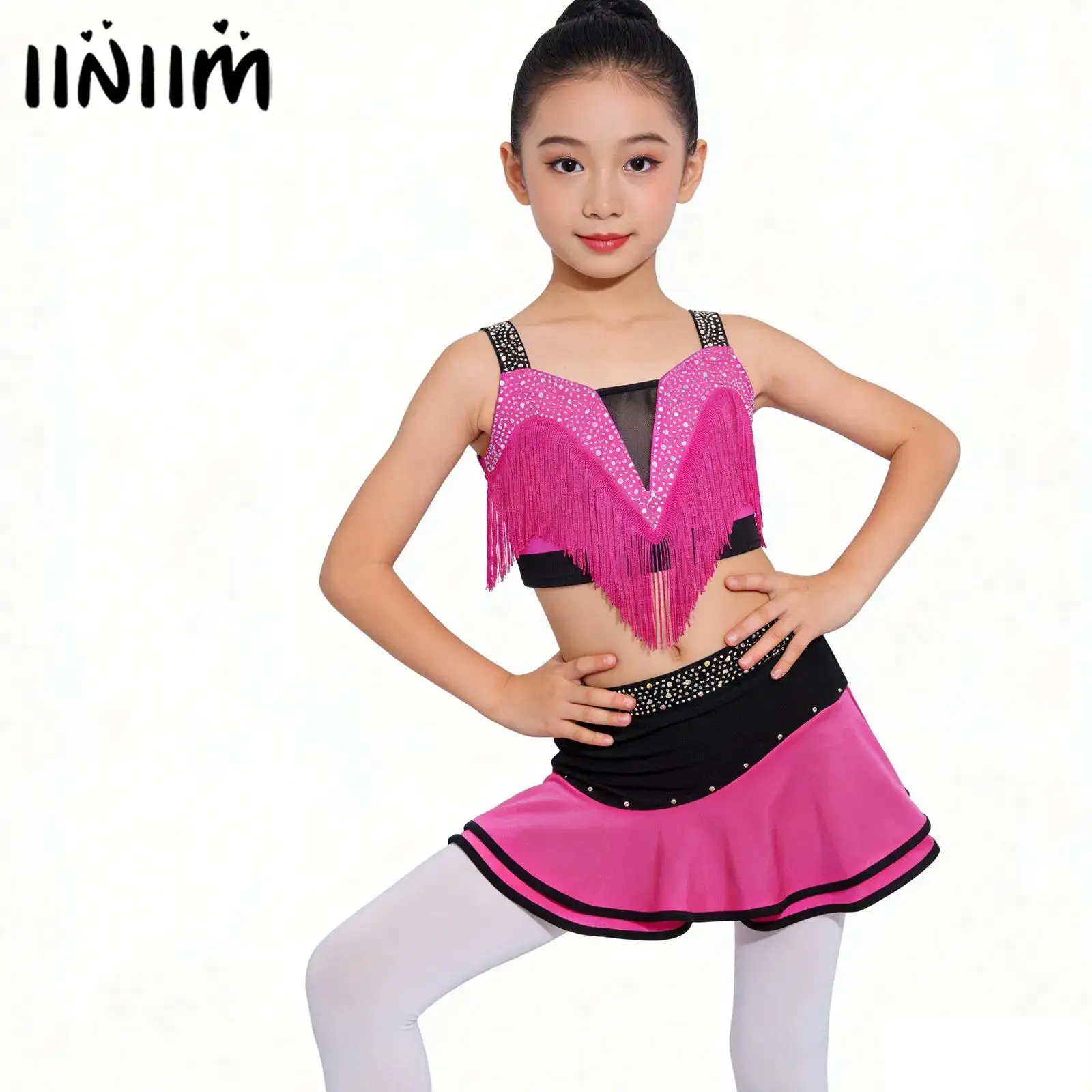 

Детский костюм для латиноамериканских танцев для девочек: комплект из двух предметов с бахромой и стразами – укороченный топ и юбка с кисточками и стразами