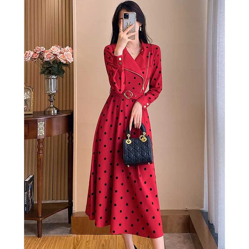 Fashion Stand Collar Spliced Zipper Sashes Polka Dot Midi Dress Women Clothing 2024 Spring New Loose Office Lady Ladies Dresses