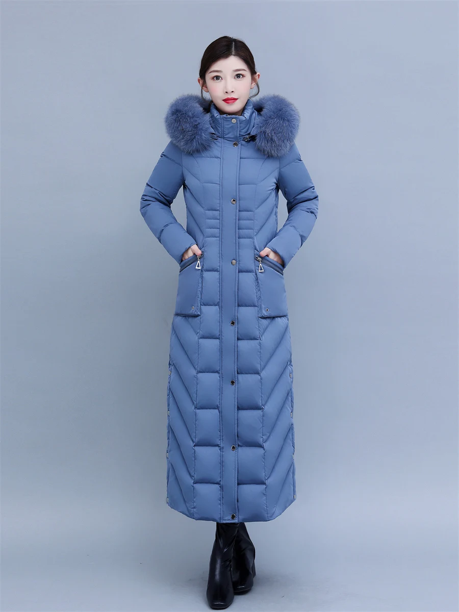 Fit -25 Cold Weather S-4XL Real Fox Fur Hooded Down Coats Women Winter 125cm Super Long Thicker Warm Thicker Warm Parkas WY1125