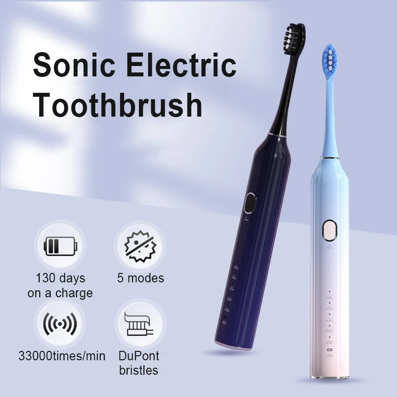 Electric Sonic Toothbrush USB Charge Rechargeable Waterproof  5 Modes Electronic Tooth Travel 3 Brushes Replacement Heads