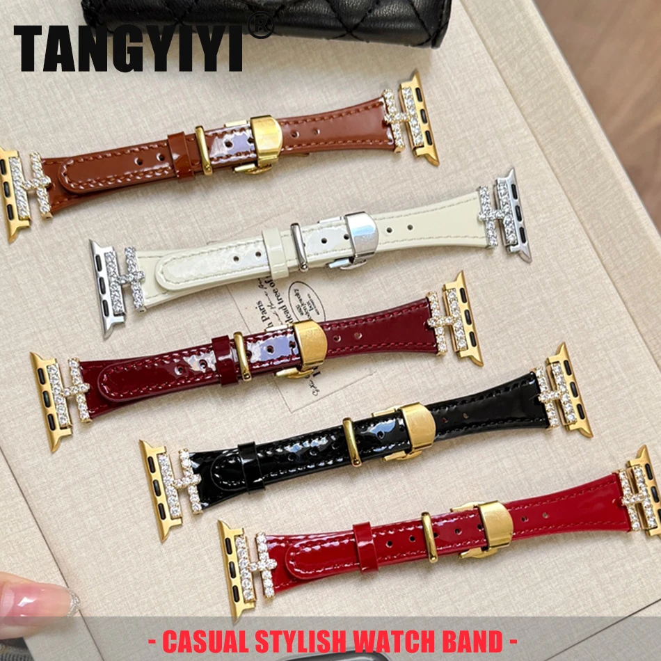 

Glossy Genuine Leather Strap For Apple Watch Band S11/10/9/8/7/SE/Ultra IWatch 49/46/45/44/42/41/40/38mm Diamond Metal Bracelet