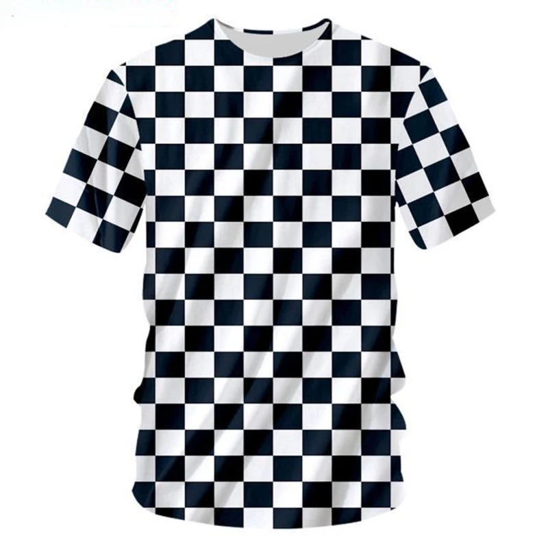 Summer Tee Shirt Homme Fashion O Neck 3D T Shirts Printed Black and white plaid Hip Hop 5XL 6XL Habiliment Man