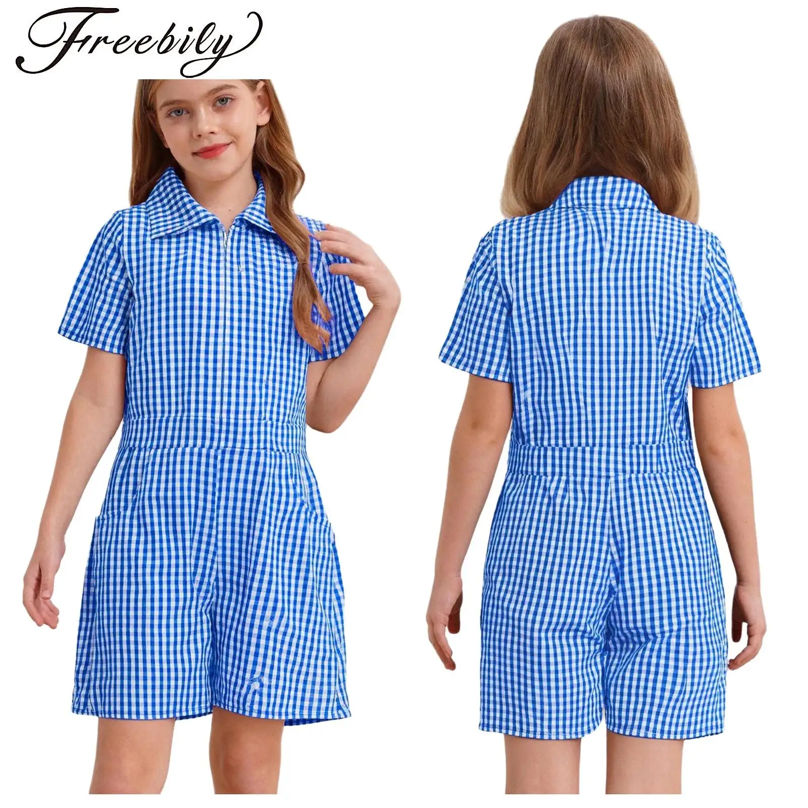 

Kids Girls Summer School Gingham Dress Short Sleeve Zip Up Playsuit Check Uniform Jumpsuit with Pockets Outfits School Uniform