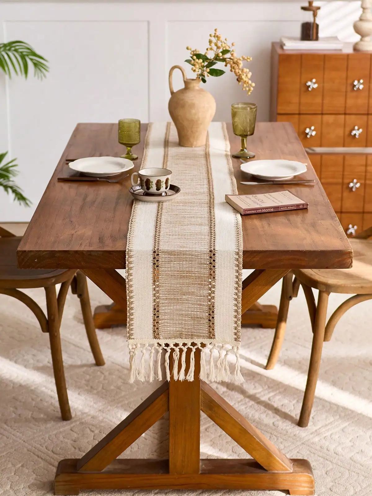 Khaki Makramee-Stil Boho Farmhouse Tischläufer mit Quasten Rechteckiges Design Strapazierfähiger Stoff für Heim-, Restaurant- und Küchendekoration – Detail 14