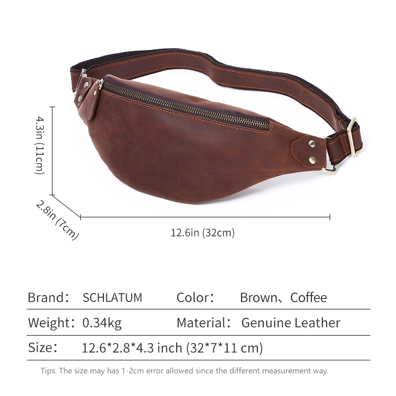 SCHLATUM Genuine Leather Men\'s Casual Waist Bag Retro Crazy Horse Leather Multifunctional Shoulder Cell Phone Bag