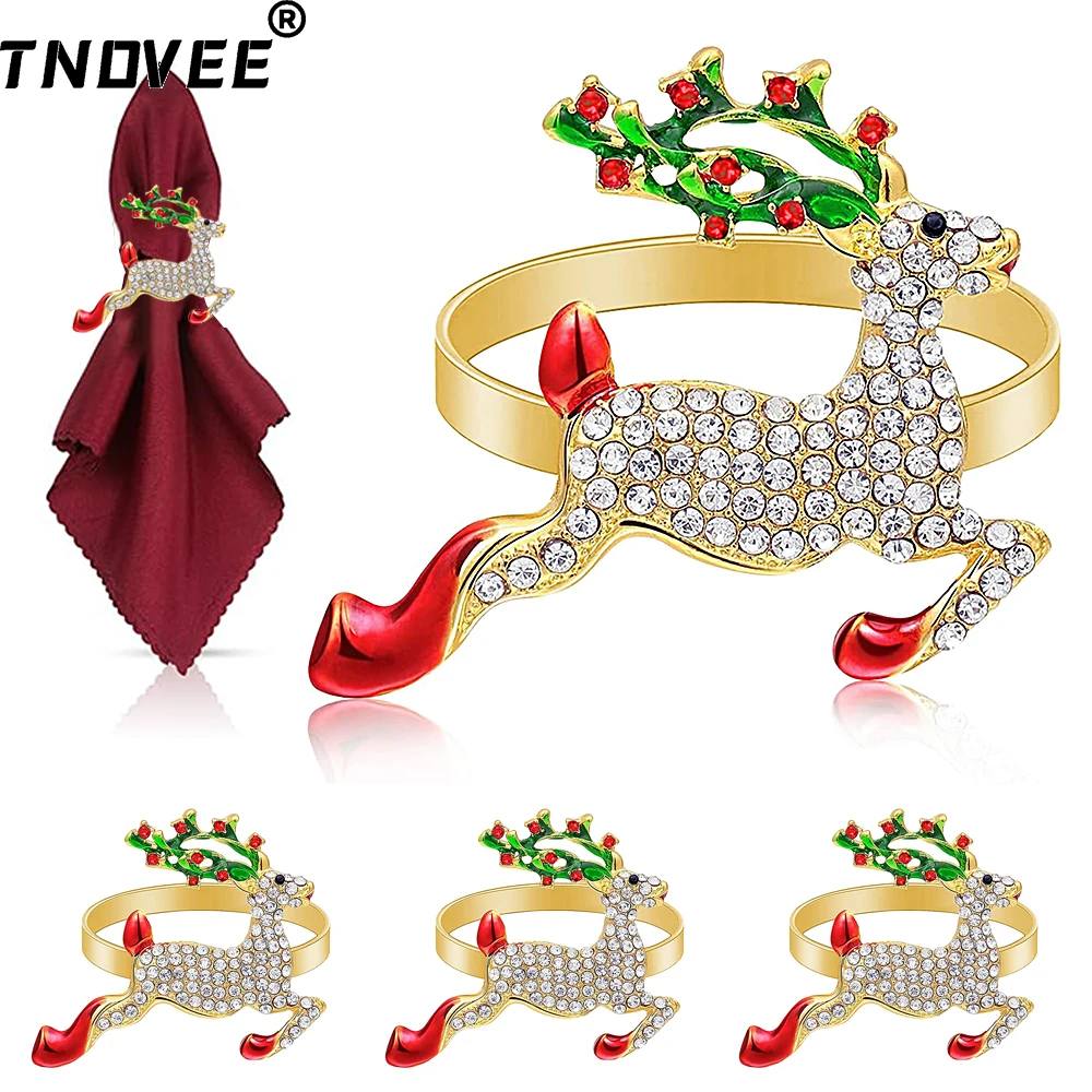 

6pcs Enamel & Rhinestone Reindeer Napkin Rings - Alloy Christmas Table Decor for Luxury Xmas Party Winter Wedding Gift Set