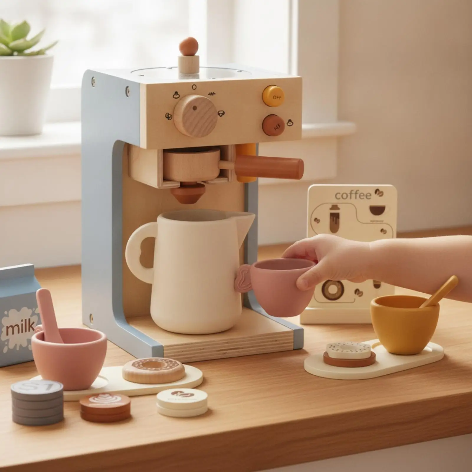 Wooden Kitchen Toy Interactive Wooden Pretend-Play Coffee Machine Toy Creative
