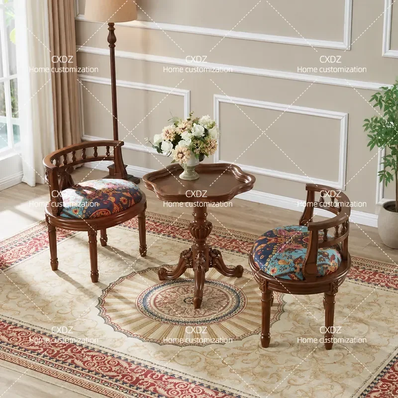 Solid Wood Balcony Armchair 3 Piece Set Leisure Chair Living Room Tea Table Chair Fancy Carved Retro Furniture Book Chair