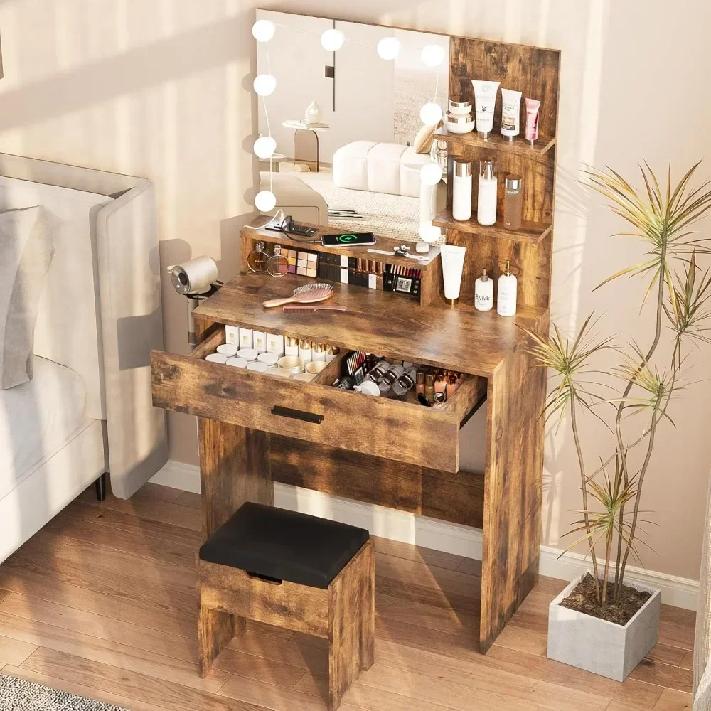 Makeup Vanity Table with Lighted Mirror & Power Strip, Vanity Set with Hair Dryer Rack, Lots Storage, 3 Lighting Modes