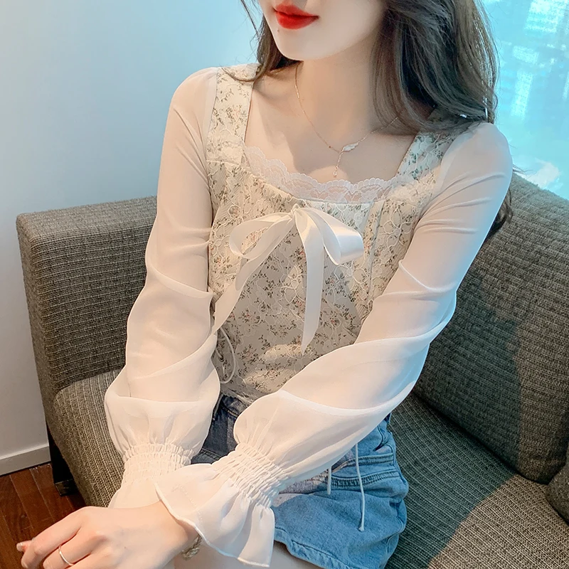 Flare Sleeve Blouses Women Patchwork Chic Bow Bandage Ulzzang Harajuku Casual Daily Sweet Sexy Girls Slim Fit Cropped Spring Ins