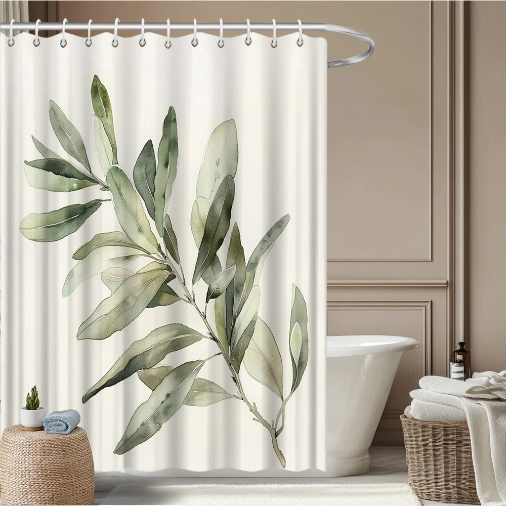 Olive Branch Shower Curtain – Watercolor Botanical Leaves, 2D Flat Print, Fade-Resistant Polyester, 12 Hooks, 70.8