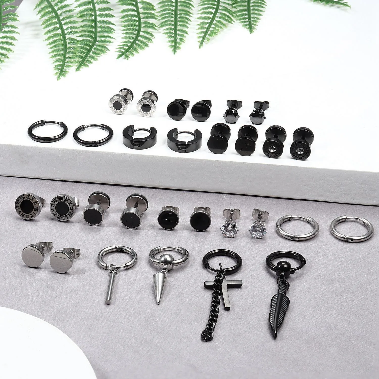 30-teiliges Gothic-Ohrring-Set für Männer aus Edelstahl mit Zirkonia, runde Ohrstecker, Hängeohrringe, Barbell-Ohrstecker, Halloween – Detail 3