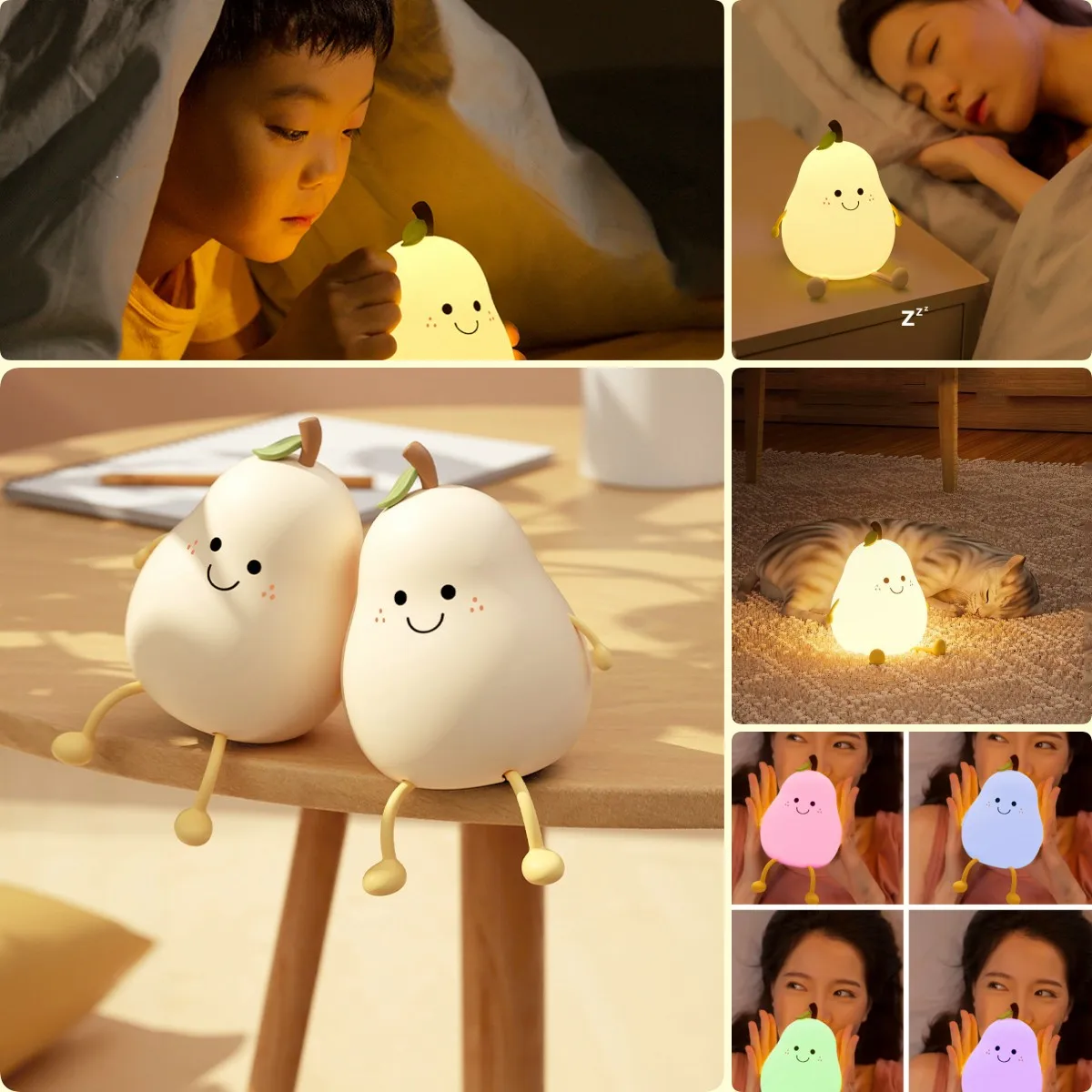 

LED Pear Fruit Night Light USB Rechargeable Dimming Touch Silicone Table Lamp Bedroom Bedside Decoration Couple Gift Boby Light