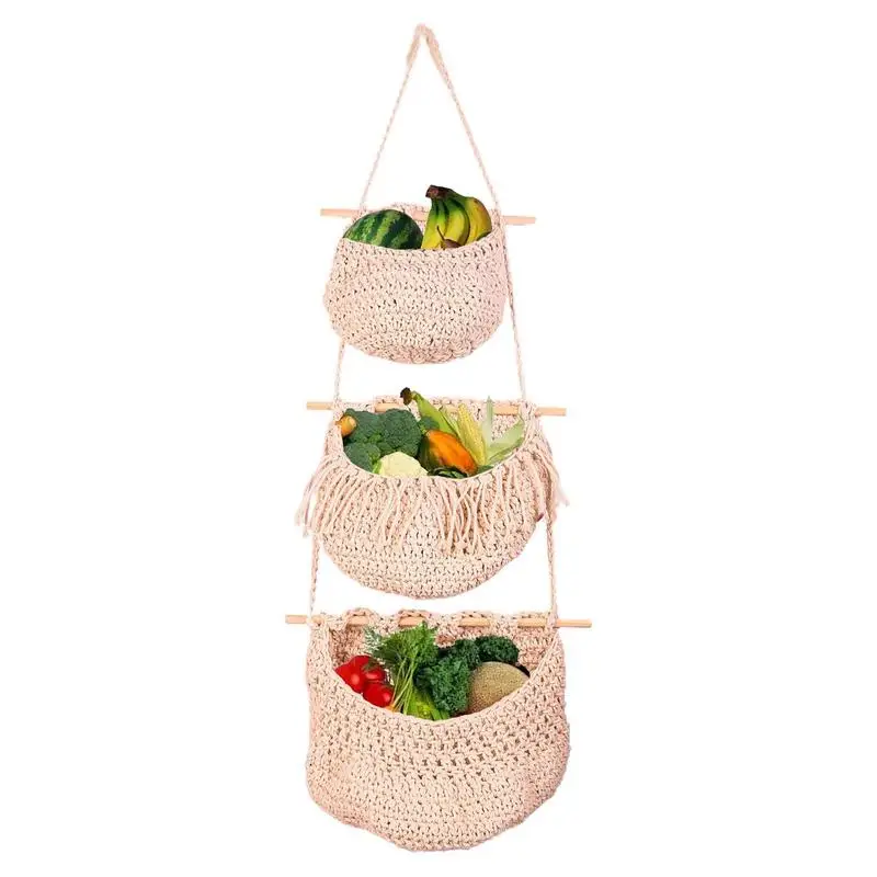 

Hanging Fruit Basket Bohemia Hanging Baskets For Organizing Kitchen Baskets 3 Tier Boho Decor Book Debris Storage Hanging Bag