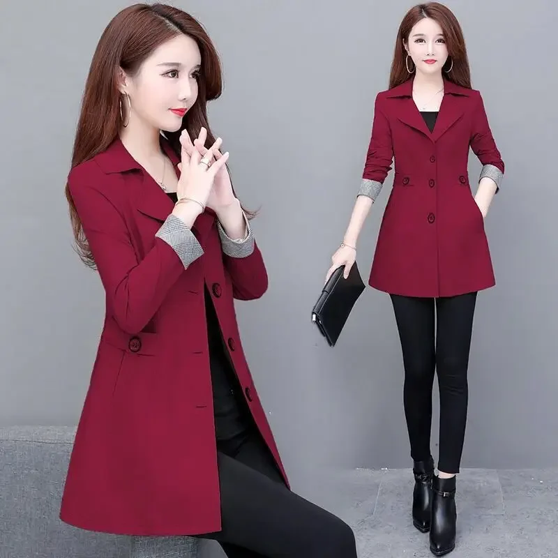 Women Spring and Autumn Fashion New Suit Collar Trench Solid Color Cultivation Button Pockets Splicing Versatile Mid-length Coat