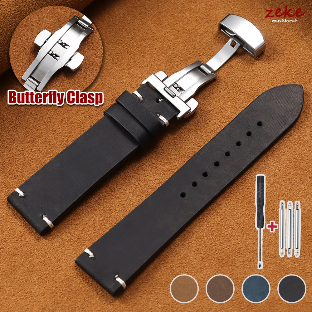 Handgefertigtes Retro-Armband aus echtem Kalbsleder, 18 mm, 20 mm, 21 mm, 22 mm, 24 mm, Schmetterlingsverschluss, Armband für Herren und Damen, Leder-Uhrenarmband-Zubehör