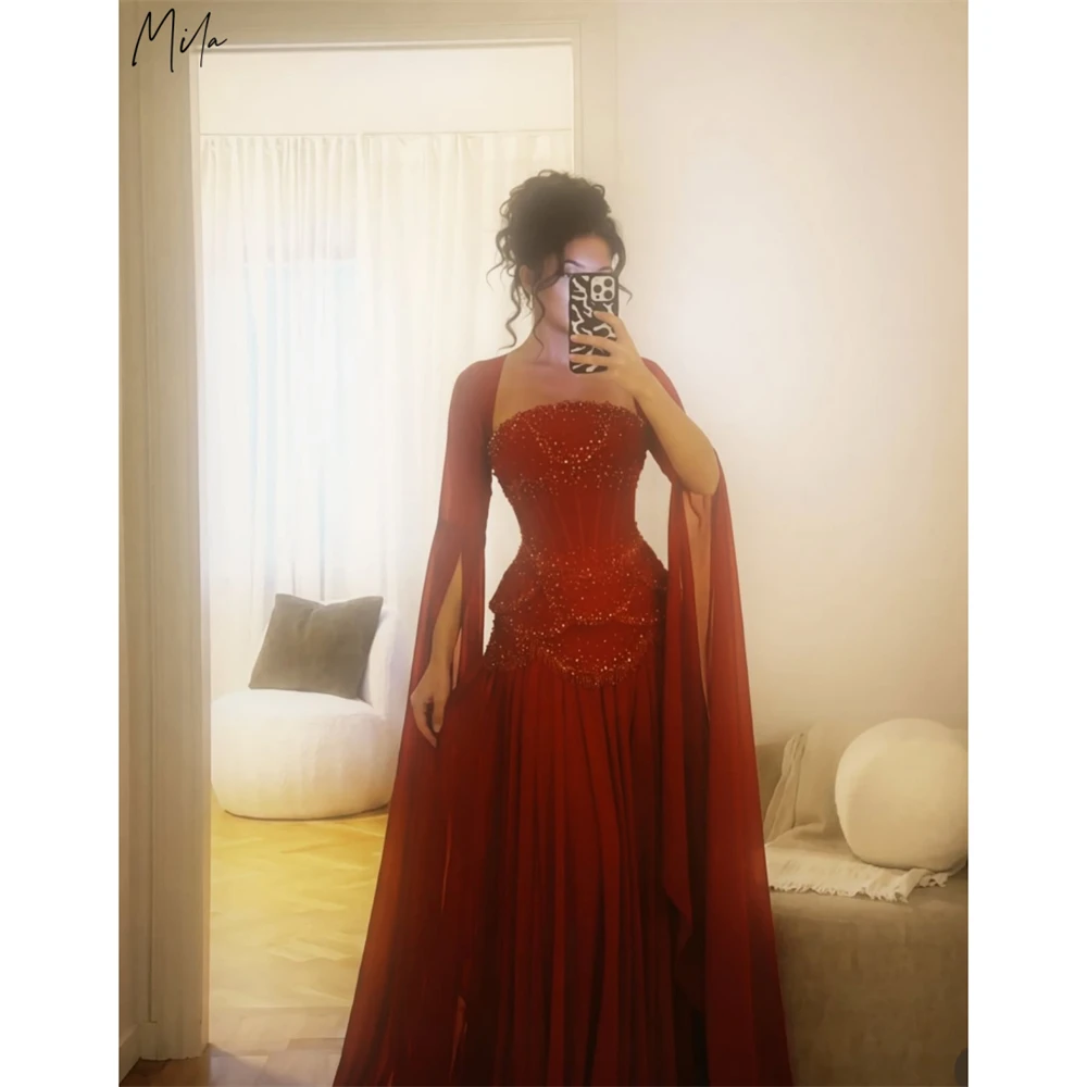 Mila Customized Burgundy Beaded With Shawl Prom Dress Strapless A-line Pleat Formal Evening Floor-Length Vestidos De Fiesta