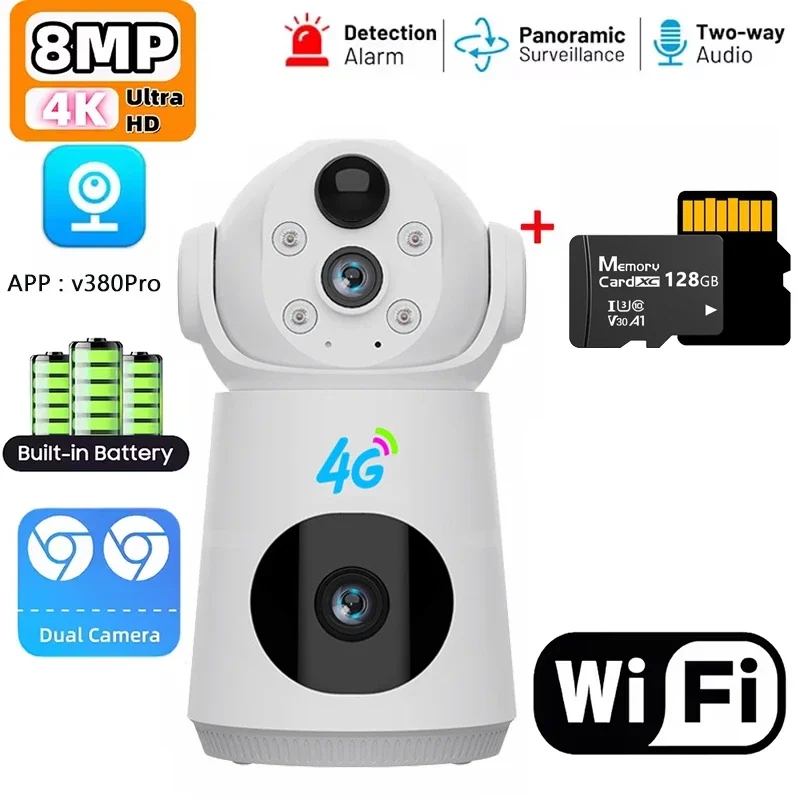 

8MP V380pro APP Двойной объектив с низким энергопотреблением Полноцветный беспроводной PTZ-домофон IP-купольная камера AI Обнаружение гуманоидов Монитор видеонаблюдения