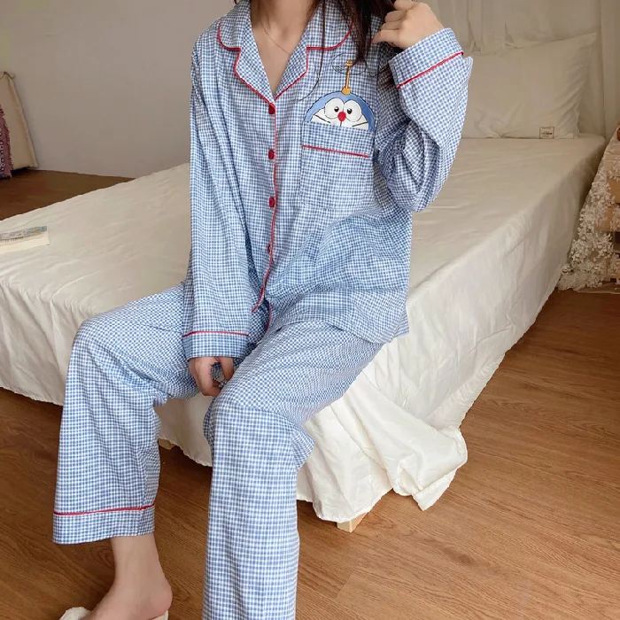 Korean Version of Ms. Sweet Lace Lace Cherry Blue Plaid Pajamas Home Wear   Ms. Long-sleeved Pants Cardigan Girl Home Set  Women