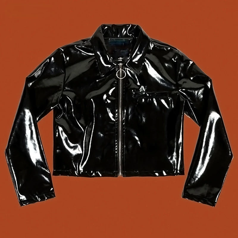 Shiny Patent Leather Jacket Women Gothic Faux Latex Laple Short Coat Ladies Punk Fashion PVC Overcoat Party Costume Custom New