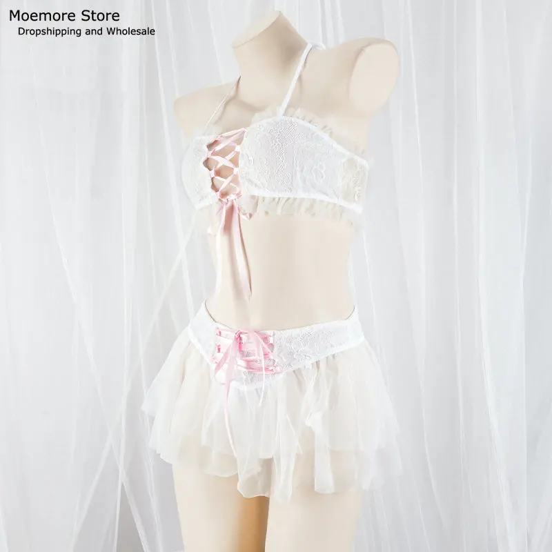 Kawaii Sexy Lingerie Set Ribbon Lace up Hollow Out Bandage Chiffon Semi Transparent Night Wear Clothes Cosplay Costumes Uniform