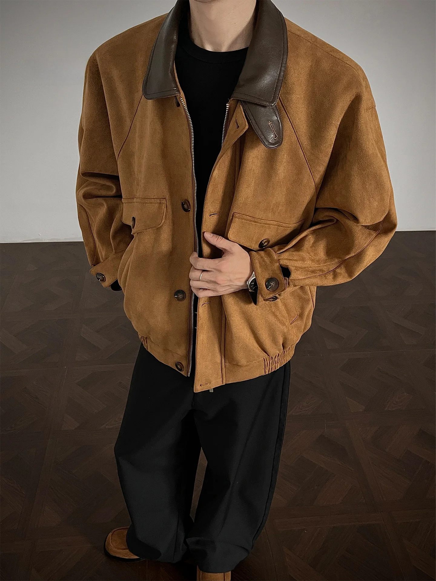 

Ретро-куртка в американском стиле из замши для мужчин, осенняя, высококачественная, с воротником-стойкой, мотоциклетная, свободного кроя, молодежный тренд