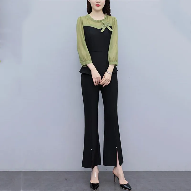 Women Chiffon Patchwork Elegant Pants Sets For Spring Autumn 2023 New Office Lady Slim Bow 2 Pieces Pantsuits Outfits Oversize