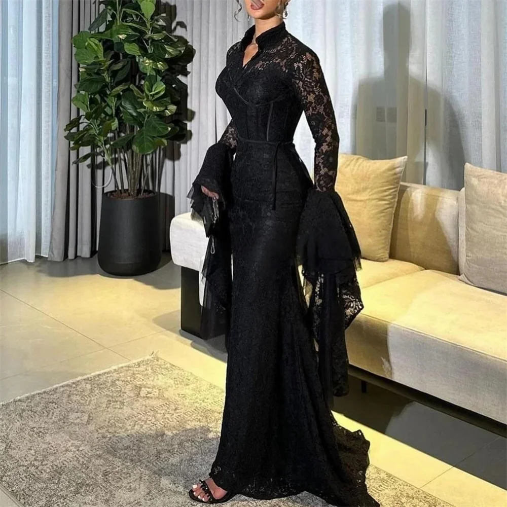 

Черное кружево с длинными рукавами на заказ Вечерние платья Pastrol Унисекс Джерси Ретро Дубай Саудовская Аравия Пром Индивидуальные