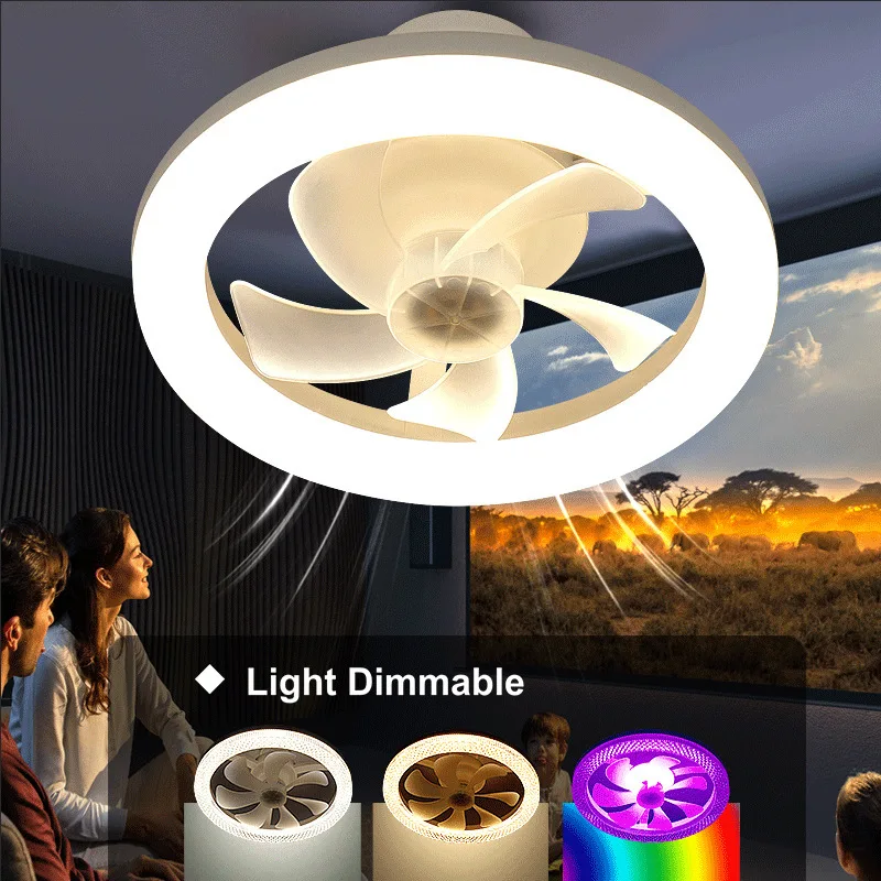 Ceiling mounted fan light E27 ceiling fan RGB/White/Warm lights Automatic shaking head Remote control Hall/bedroom lighting