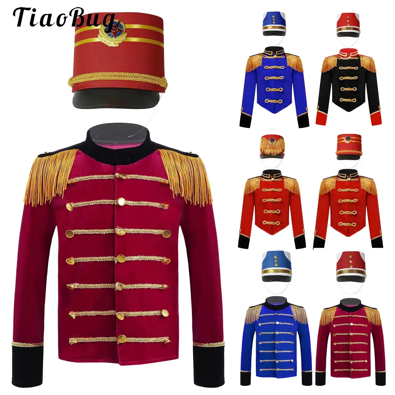 Boys Girls Marching Band Costume Outfits Kids Carnival Trumpet Drum Major Team Uniform Tassel Long Sleeve Jacket Coat Hat Set