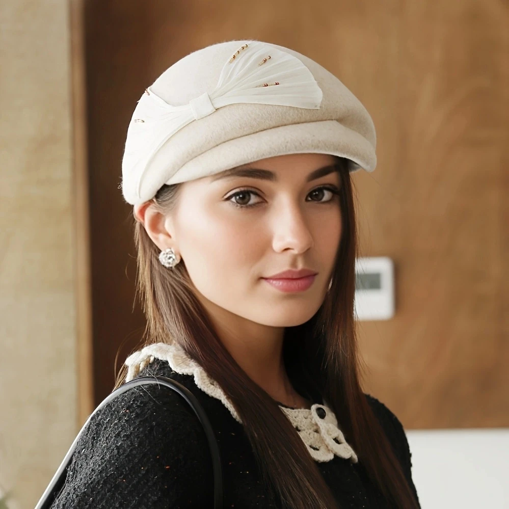 Autumn and winter wool hats, woolen hats, berets, fashionable and versatile short brimmed duckbill hats, butterfly bows