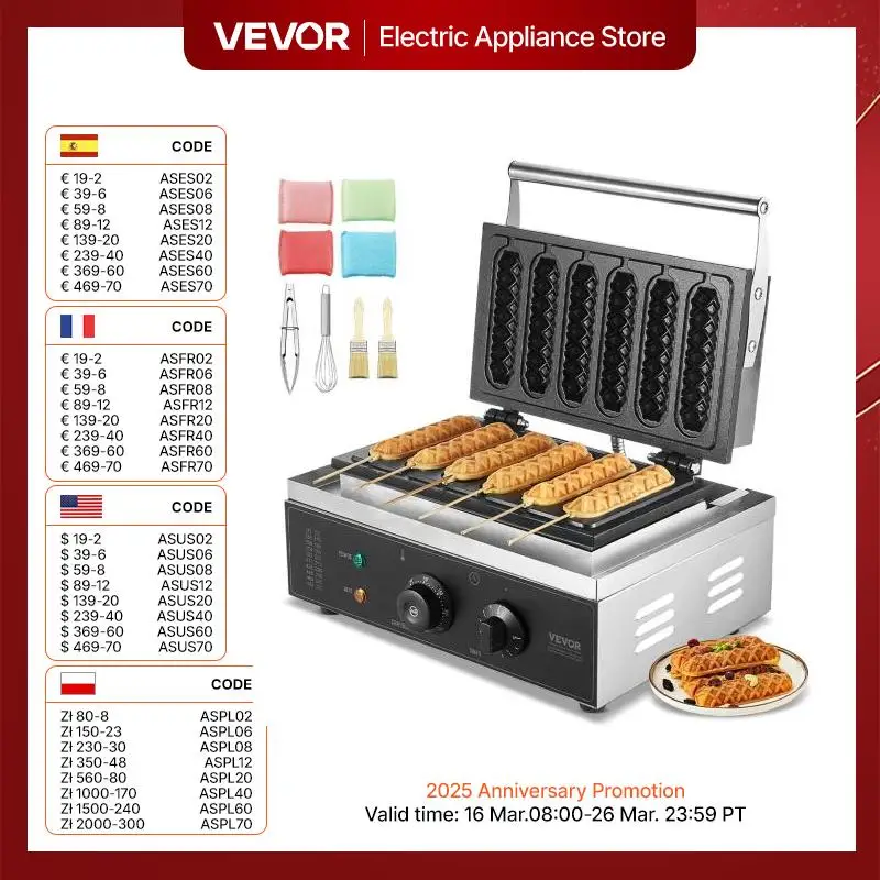 VEVOR Commercial Waffle Stick Maker 6PCS Waffle Baker Machine Non-Stick Stainless Steel Corn Hot Dog Waffle Iron for Restaurant