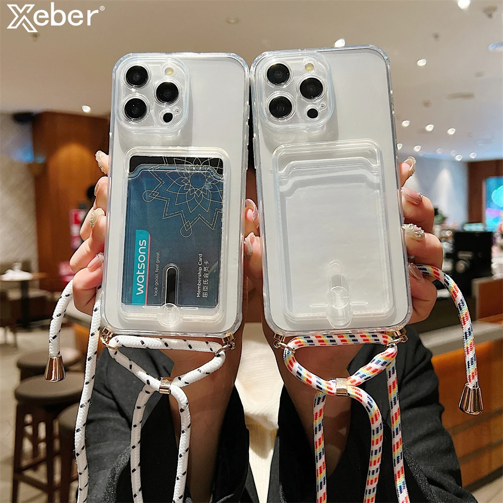 Crossbody 매는 밧줄 로프 코드 목걸이 지갑 카드 홀더 전화 케이스 iPhone 15 14 13 Pro Max 투명 소프트 충격 방지 커버