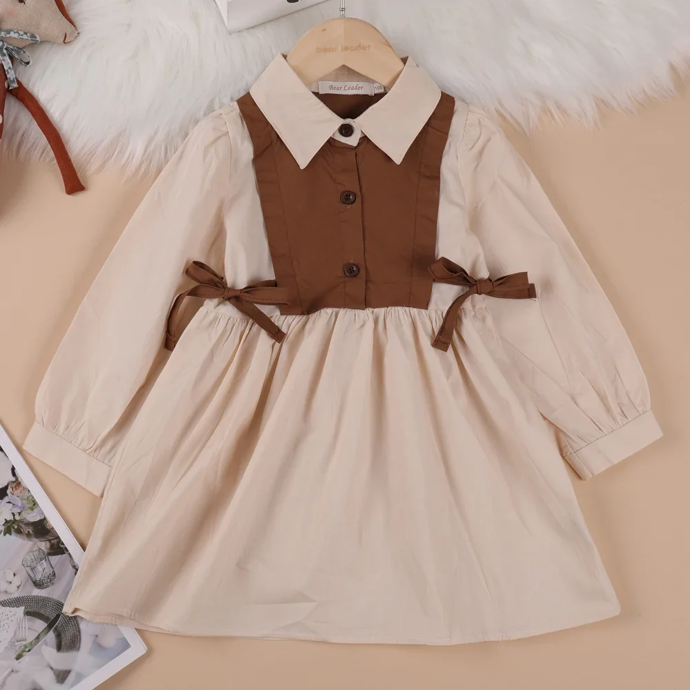 Menoea Patchwork Baby Girls Dress Long Sleeve Dresses Cotton Spring Autumn Kids Casual Princess Dress Buttons Children Vestidos