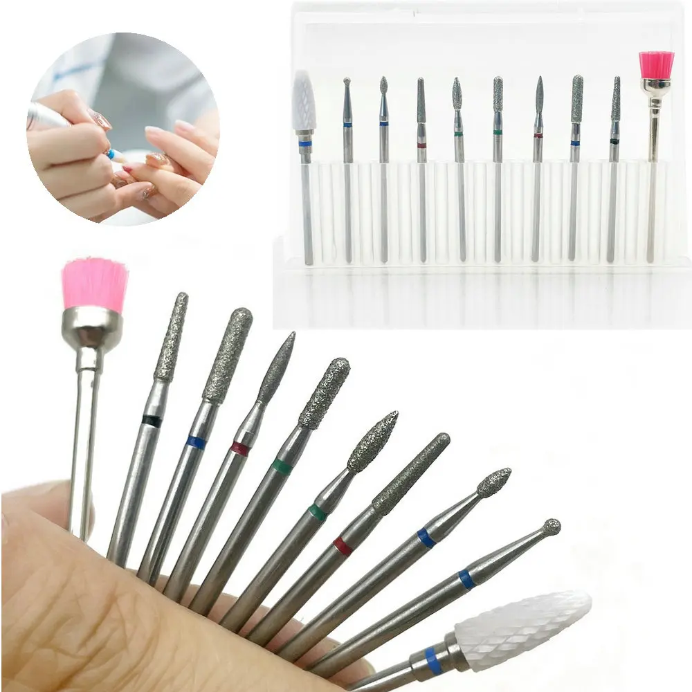 Juego de brocas de cerámica para uñas, 10 piezas, cortador de fresado para manicura eléctrica, limas de maíz con llama, accesorios para máquina de pedicura