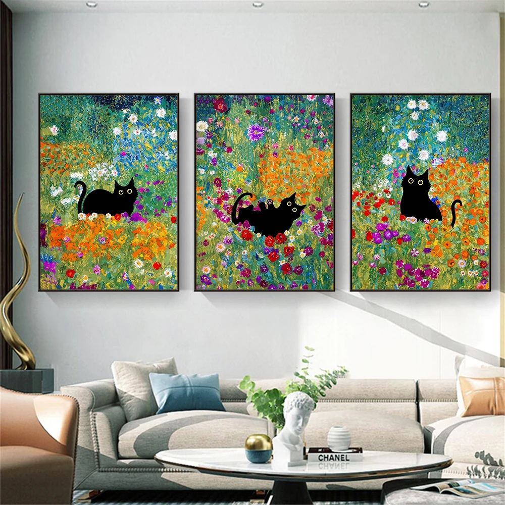 

black cat art print gustav klimt garden cat print klimt cat poster floral print funny cat print gallery wall art home decor
