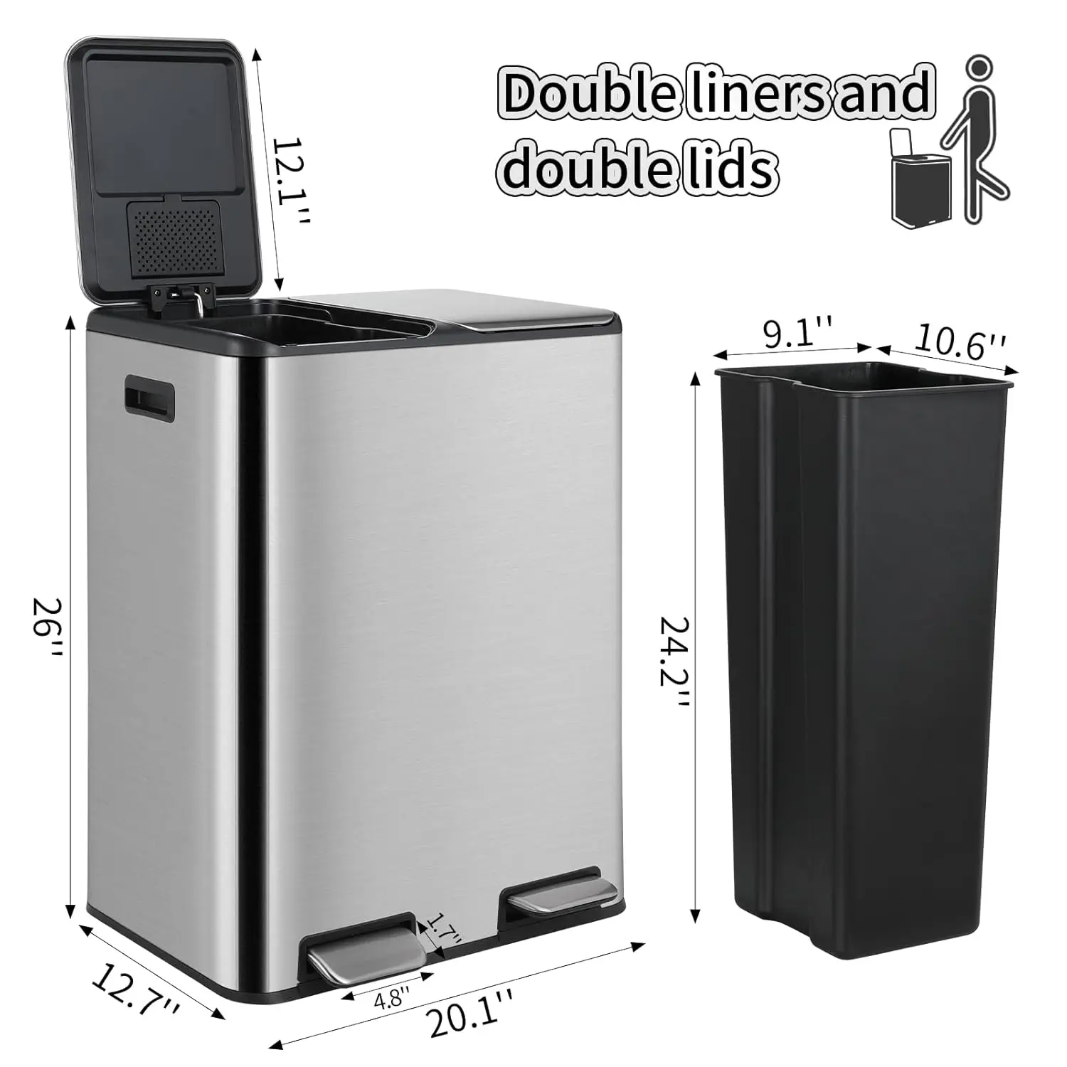 

Двойной мусорный бак 16 галлонов (2 x 30 л), кухонный мусорный бак из нержавеющей стали, мусорный бак для переработки с ящиком для контроля запаха, крышка с мягким закрыванием