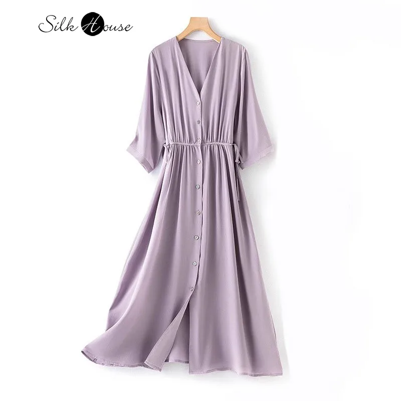 

2024 Early Autumn New Commuting 100% Natural Mulberry Silk Crepe De Chine Temperament V-neck Short Sleeved French Women's Dress