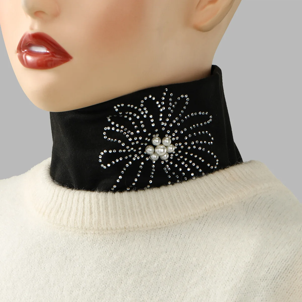 女性用パール取り外し可能な襟花柄ラインストーン付け襟秋冬防風ネックウォーマーヒジャブの下に着用するのに最適タートルネック